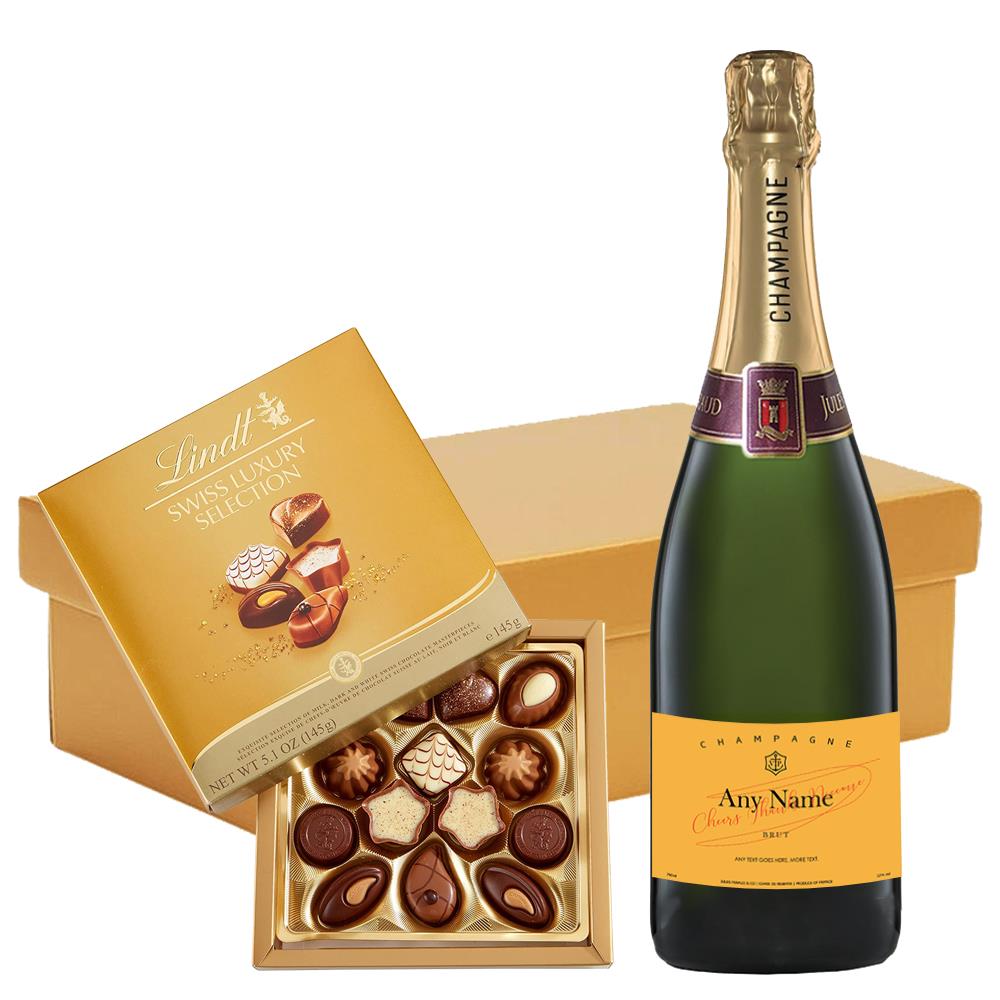 Personalised Champagne - Yellow Label And Lindt Swiss Chocolates Hamper